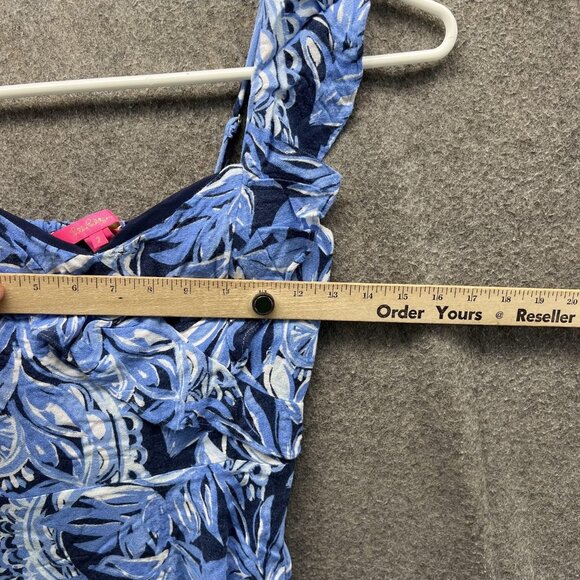 Lilly Pulitzer Top Womens 2 Blue Floral Ruffle Smocked Peplum Sleeveless Shirt - Picture 5 of 10